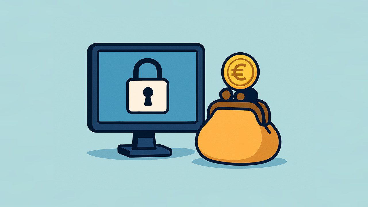 Kleine ondernemer bekijkt op laptop een subsidieaanvraag naast pictogrammen voor wachtwoordmanager, back-up en tweefactorauthenticatie